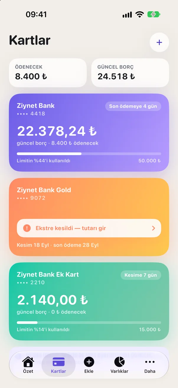 Bütço Kartlar ekranı: kart başına güncel borç ve limit kullanımı